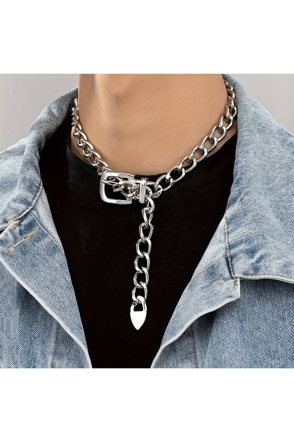 Men's bold silver hip-hop collar necklace with unique buckle design,Silver color