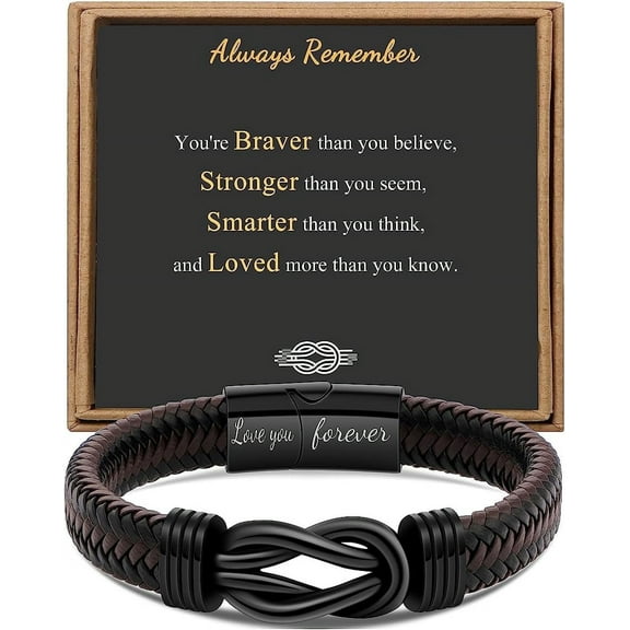 Men's bracelet for fathers, husbands, boyfriends, sons, grandchildren, brothers, nephews, uncles, brown woven leather, stainless steel bracelet, engraved ‘Love You Forever’.