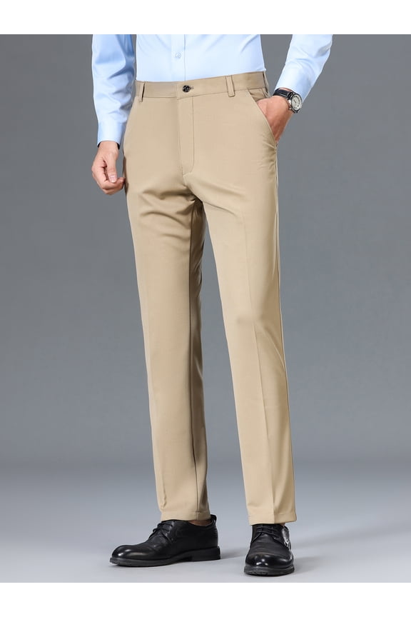Men's business trousers, black straight-cut elastic pants, thin and classic pure color for spring and summer, outdoor style with pockets and zippers