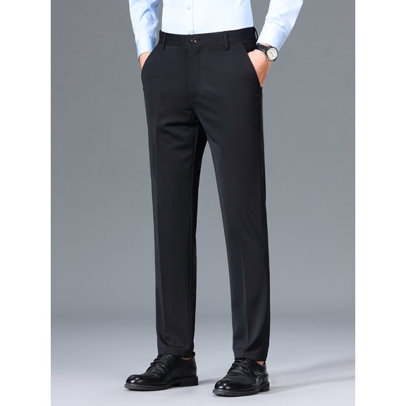 Men's business trousers, black straight-cut elastic pants, thin and classic pure color for spring and summer, outdoor style with pockets and zippers