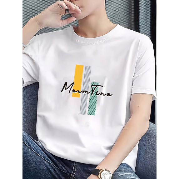Men's casual 100% cotton t-shirt with 'Mumtine' graphic - short sleeves, crew neck, lightweight | White geometric graphic with yellow and green accents