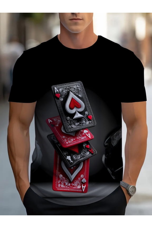 Men's casual T-shirt, card design, the first choice for home leisure. Black, light, durable, machine washable, perfect for daily wear and social activities