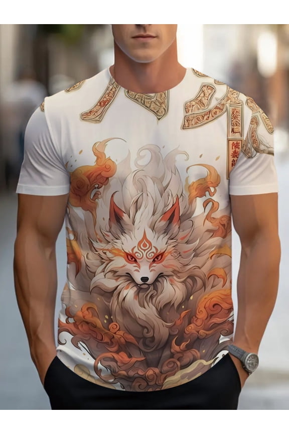 Men's casual T-shirt with fox pattern design, suitable for restaurant wear, white, made of durable and machine washable lightweight fabric, perfect for everyday wear