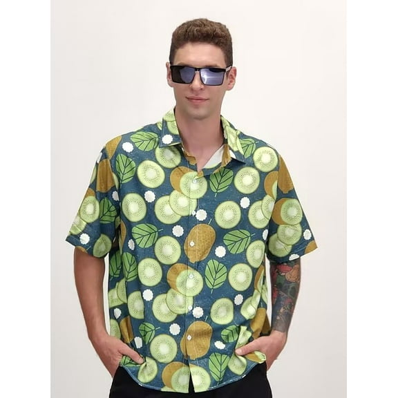 Men's casual button-down shirt with Hawaiian fruit graphic print
