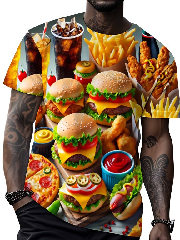 Men's casual fashion T-shirt with tattoo design and fast food elements such as burgers, pizza, French fries and soda