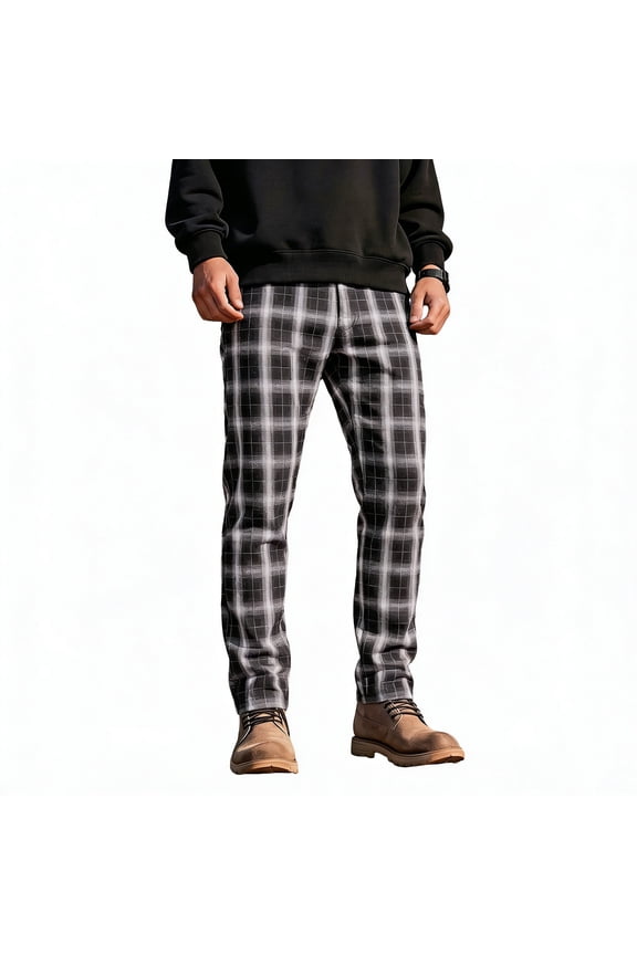 Men's Casual Slim Fit Pants - Stretch Black & White Plaid Chino Trousers for Work & Weekend