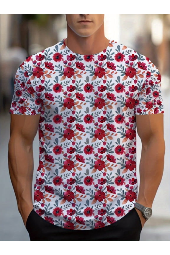 Men's casual floral print T-shirt, suitable for restaurant wear, comfortable fabric, red and white color scheme, light design, fashionable and durable short-sleeved top, daily versatile