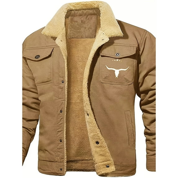 Men's casual heavyweight cotton-polyester jacket with buckle closure, multiple pockets and bull head logo - solid color autumn and winter coat