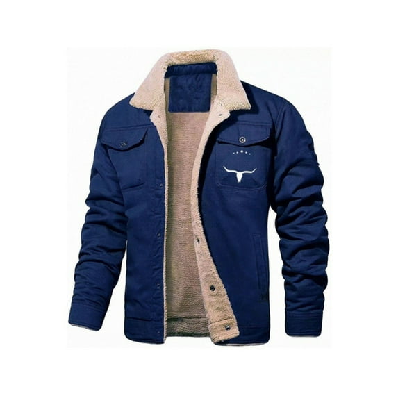 Men's casual heavyweight cotton-polyester jacket with buckle closure, multiple pockets and bull head logo - solid color autumn and winter coat