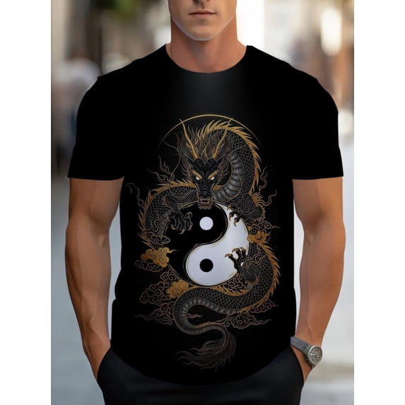 Men's casual polyester T-shirt, dragon and yin and yang pattern design, black, light and durable, perfect for daily wear, gym or outdoor activities, adult comfort version