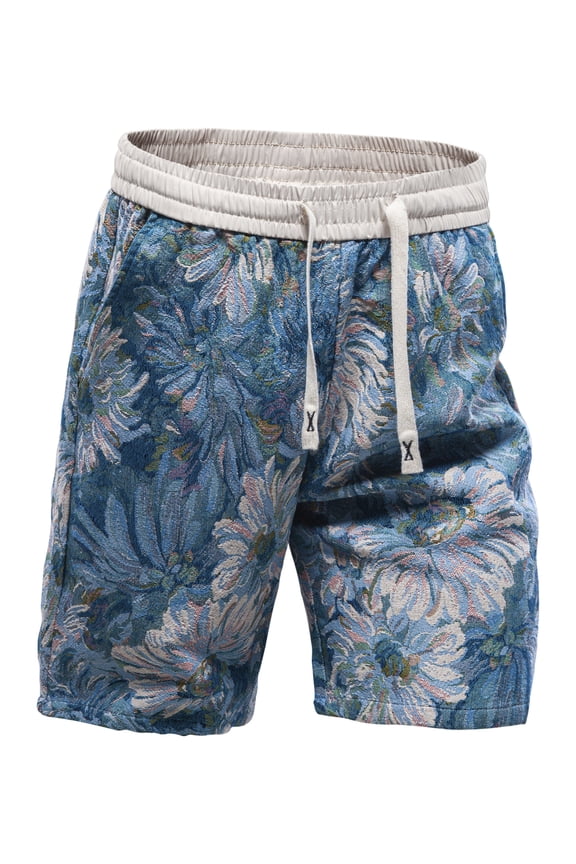 Men's casual shorts, five-inch length, floral pattern, waist drawstring with elastic, pockets, suitable for beach vacation and home wear