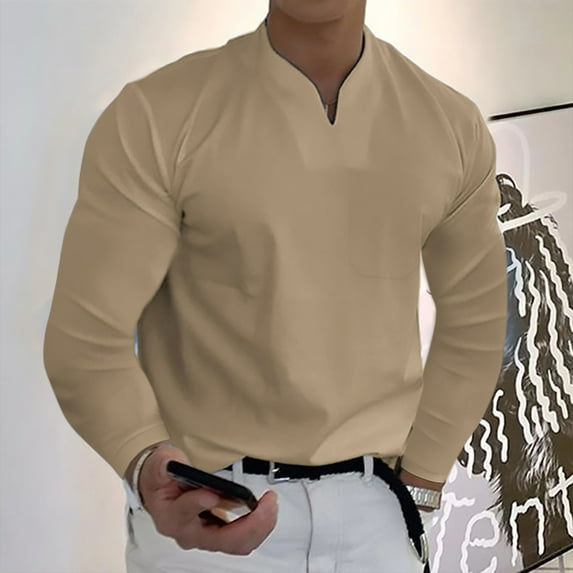 Men's casual solid color V-neck gentleman's business long-sleeved T-shirt with pockets Khaki 4X