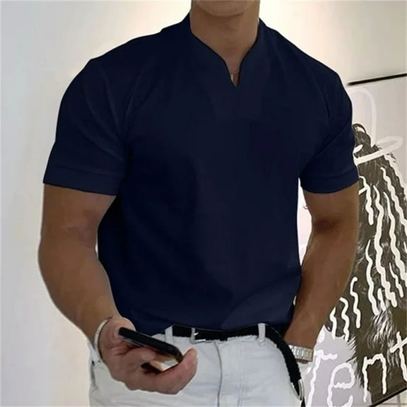 Men's casual solid color V-neck gentleman's business short-sleeved fitness T-shirt Dark Blue 2X
