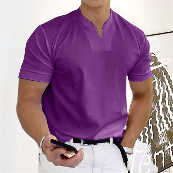 Men's casual solid color V-neck gentleman's business short-sleeved fitness T-shirt Dark Purple 4X