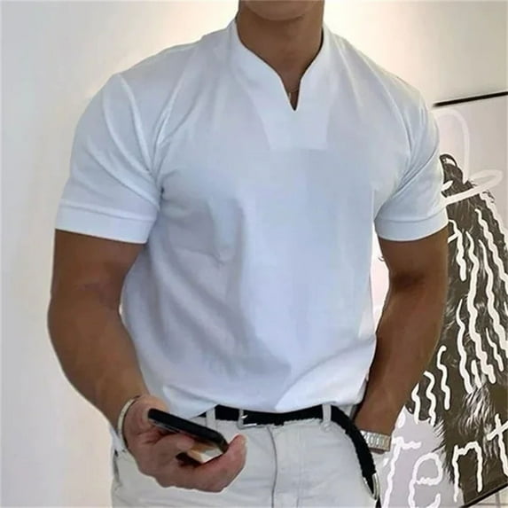 Men's casual solid color V-neck gentleman's business short-sleeved fitness T-shirt White 3X