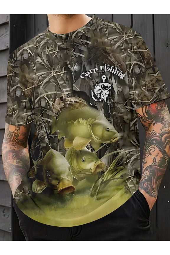 Men's casual sports T-shirt, carp fishing street style short-sleeved T-shirt, casual and comfortable versatile trendy men's round neck short-sleeved, suitable for daily leisure and sports wear