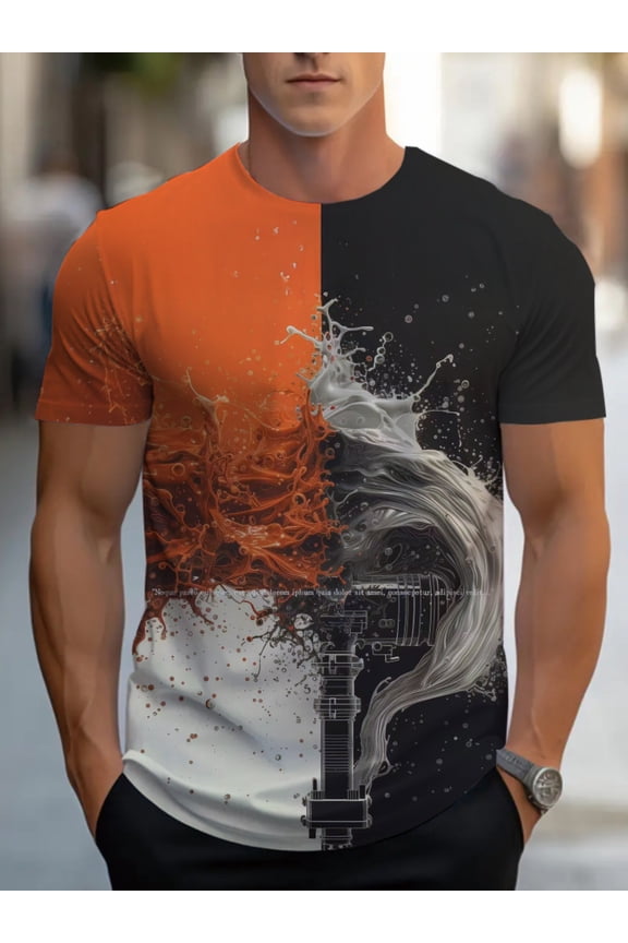 Men's casual t-shirt with abstract design for restaurant wear. Available in orange, black and white. This lightweight and durable fabric is machine washable.