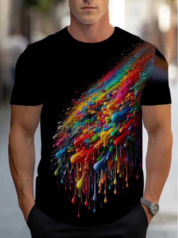 Men's casual t-shirt with colorful paint splashes. It's durable, machine washable, and has a black background with a vibrant rainbow pattern, making it lightweight and comfortable for everyday wear