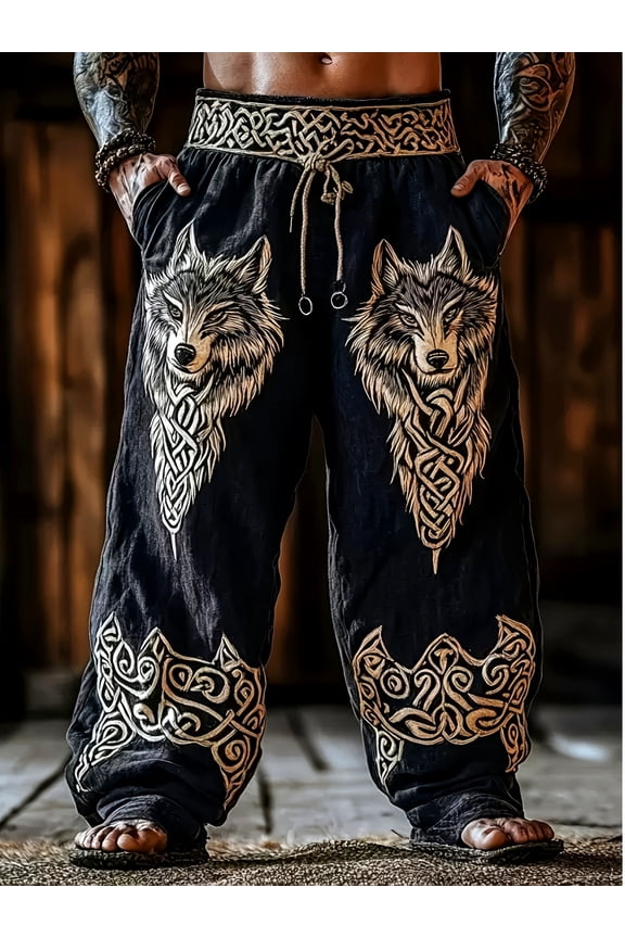 Men's casual trousers, wolf head printing, comfortable and breathable fabric, fashionable and retro, suitable for daily leisure, vacation travel, holiday parties and other occasions