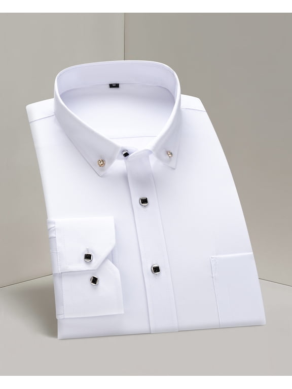 Men's casual white long -sleeved shirt with artificial diamond button suitable cut for business men, good choice for holiday and banquets.