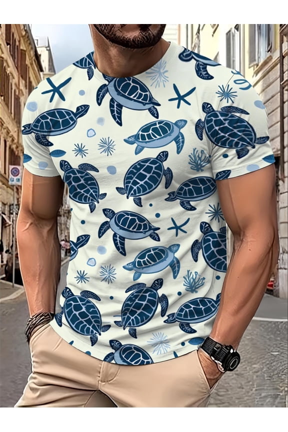 Men's crew neck T-shirt, trendy blue turtle design, perfect for leisure and outdoor activities, light and breathable, daily wear