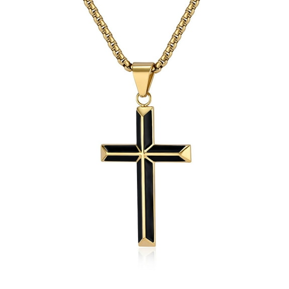 Men's cross necklace, silver, black, and gold stainless steel plain cross pendant necklace, box chain.