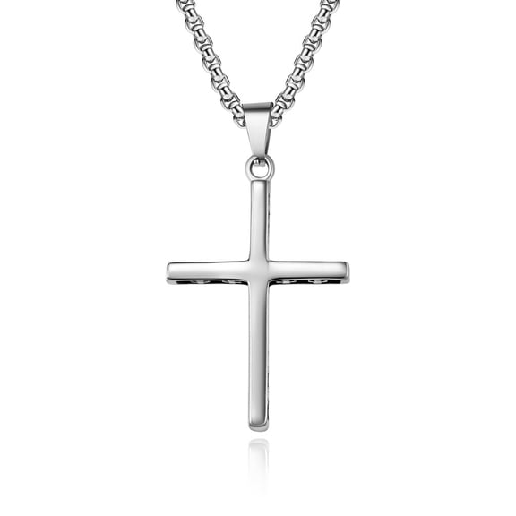 Men's cross necklace, stainless steel pendant, silver and black cross chain, 24 inches long.