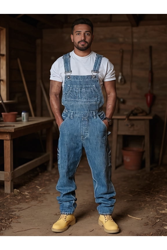 Men's denim bibs, American retro washing tooling straight pants, multi-pocket loose wear-resistant one-piece bibs, outdoor casual workers' pants.