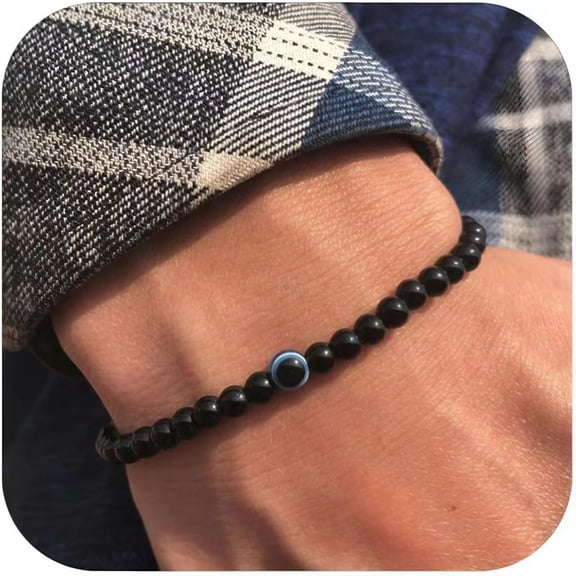 Men's evil eye bracelet, 6mm elastic adjustable natural stone beaded bracelet for dad, husband, boyfriend