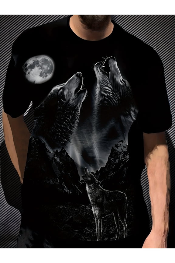 Men's fashion Casual Wolf Print T-shirt with Moon and Mountain Scene Printed 100% Cotton Tees Slightly Elastic Adult Casual Style Tops