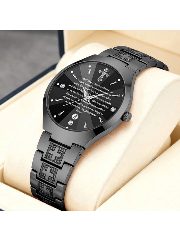 Men's fashion quartz watch with cross and calendar, business waterproof wristwatch, trendy men's watch
