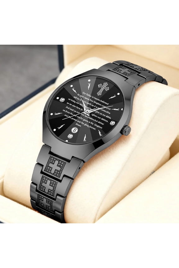 Men's fashion quartz watch with cross and calendar, business waterproof wristwatch, trendy men's watch