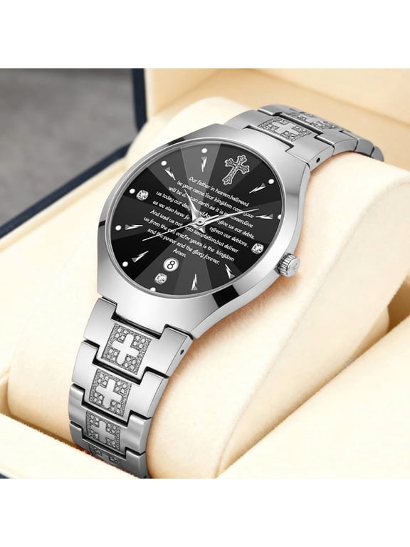 Men's fashion quartz watch with cross and calendar, business waterproof wristwatch, trendy men's watch