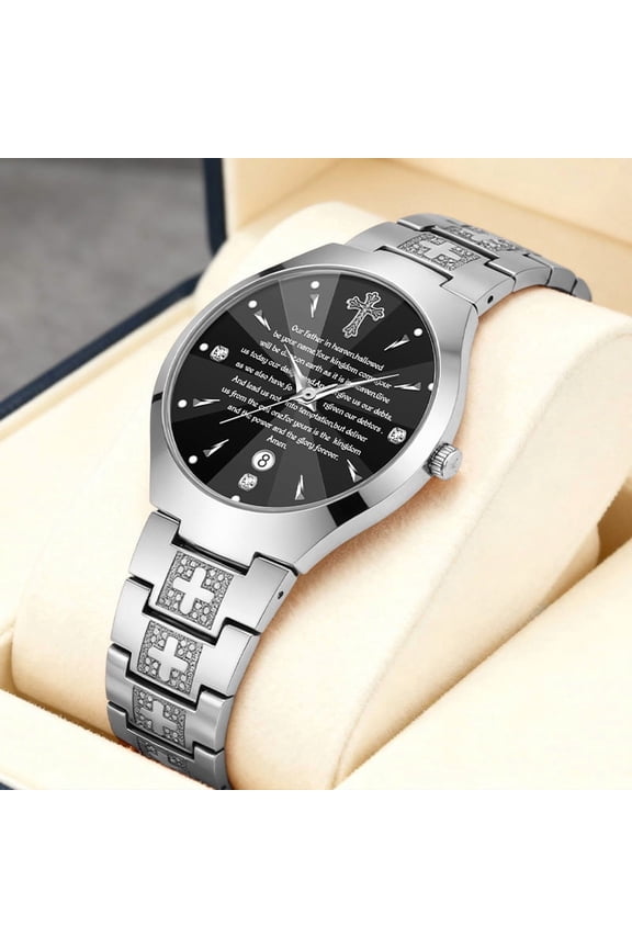 Men's fashion quartz watch with cross and calendar, business waterproof wristwatch, trendy men's watch