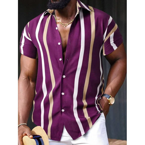 Men's fashionable summer 3D striped printed top loose Hawaiian casual short sleeved shirt