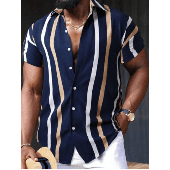 Men's fashionable summer 3D striped printed top loose Hawaiian casual short sleeved shirt