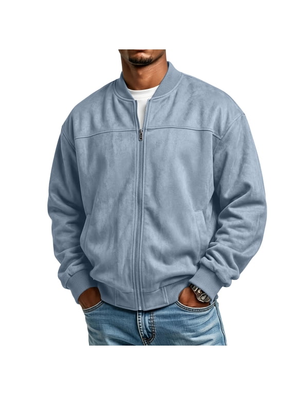 Men's Bomber Jacket Full Zip Long Sleeve Casual Jacket with Ribbed Collar Side Pockets Regular Fit Lightweight Outerwear Light Blue M