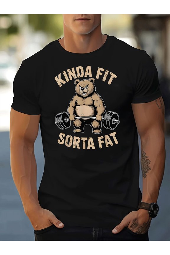 Men's fitness T-shirt, bear weightlifting pattern breathable training shirt, suitable for gym and daily wear, full fitness style with architectural design (machine washable)