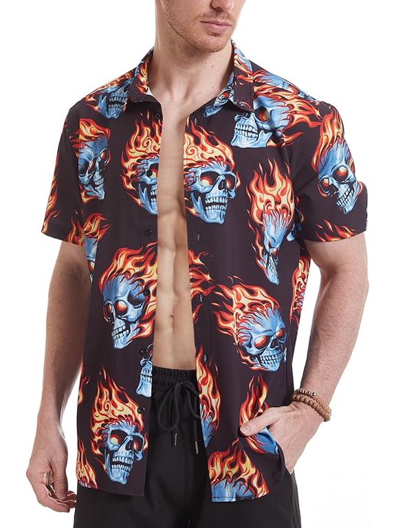 Men's flame stylish 3D printed graphic short sleeve shirts casual fashion print button down shirt