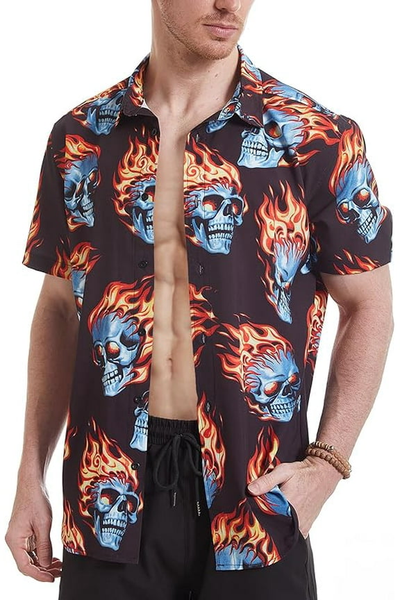 Men's flame stylish 3D printed graphic short sleeve shirts casual fashion print button down shirt