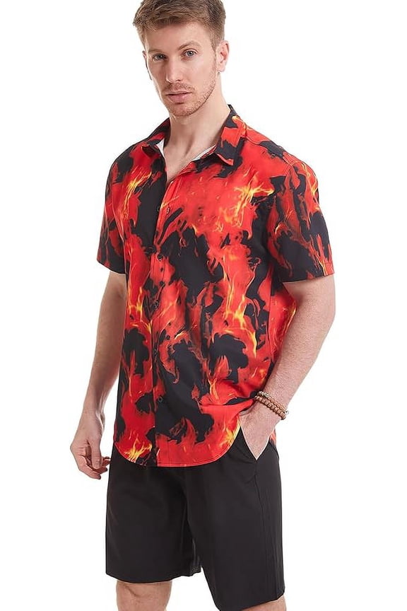 Men's flame stylish 3D printed graphic short sleeve shirts casual fashion print button down shirt