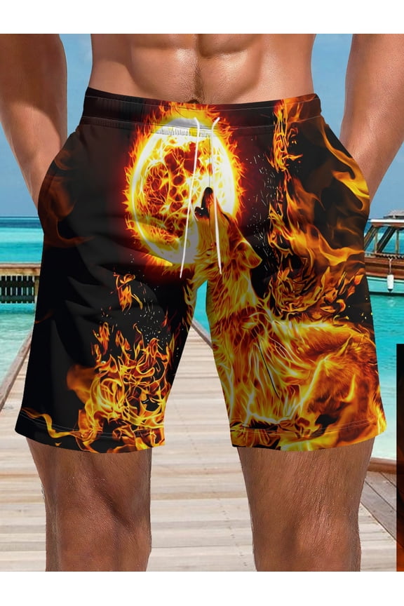 Men's flame wolf print shorts, men's beach shorts, men's sports shorts, summer trendy casual sports quick-dry breathable polyester fiber shorts for casual daily wear