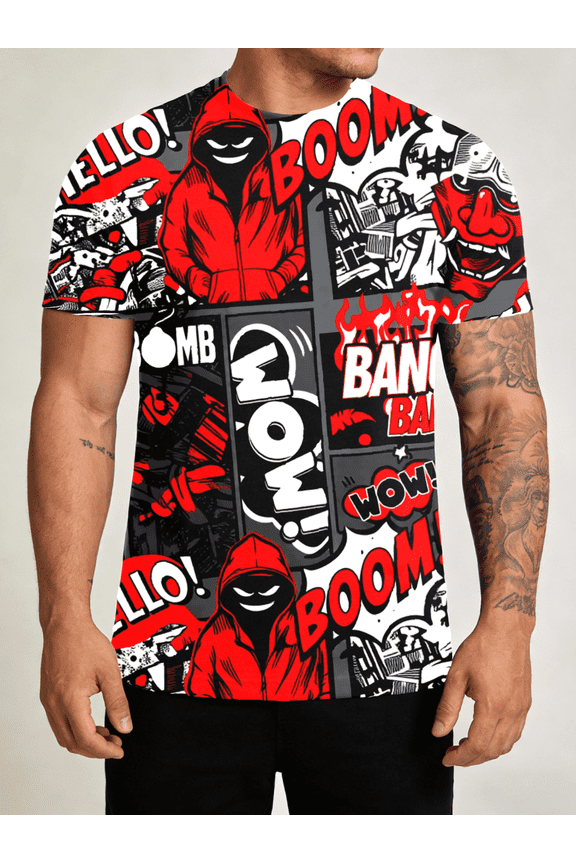 Men's full body print T-shirt, machine washable and fade-proof, urban streetwear, comfortable version for daily events, family gatherings, casual parties,