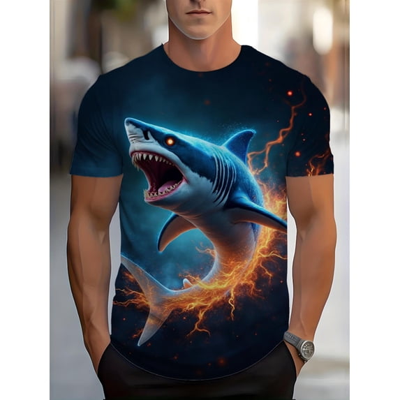 Men's full-body printed T-shirt, electric shark fusion design 3D digital pattern, round neck short sleeves, casual outdoor wear
