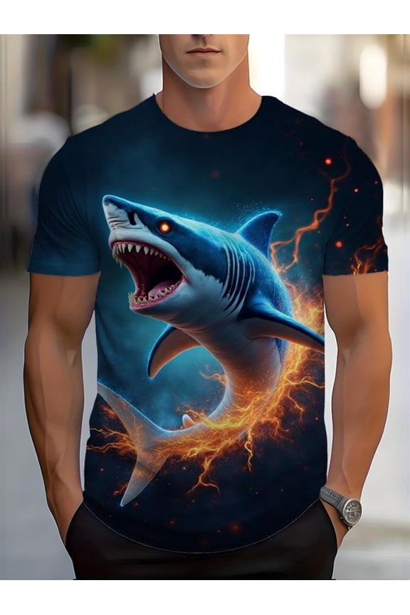 Men's full-body printed T-shirt, electric shark fusion design 3D digital pattern, round neck short sleeves, casual outdoor wear