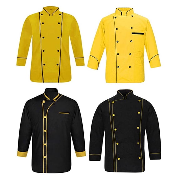 Men’s Chef Coat Set (4 Pieces), Black with Yellow Double-Breasted Kitchen Uniform Jackets,
