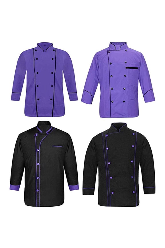Men’s Chef Coat Set (4 Pieces), Black with Purple Double-Breasted Kitchen Uniform Jackets,