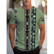 Men's fully printed T-shirt, 3D digital pattern design with abstract geometric stripes and textured green background, round neck short sleeves, suitable for daily and outdoor casual wear