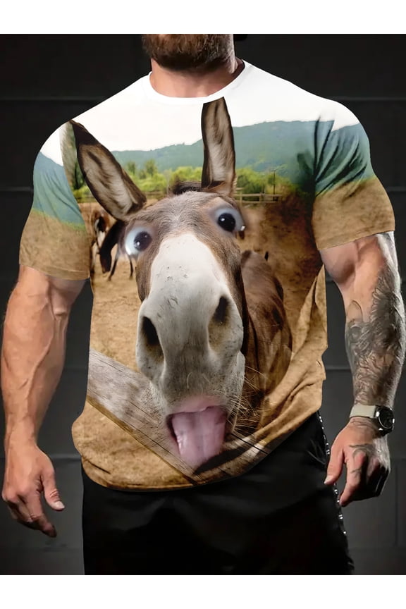 Men's fun donkey face 3D full body printing T-shirt - vivid big eye heat transfer short-sleeved round neck casual summer wear, funny animal clothing for all seasons, holiday gifts are preferred