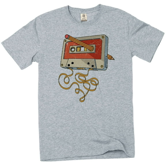 Men's funny cassette and pencil T-shirt 80s 90s born millennials tee shirt (Large Grey)